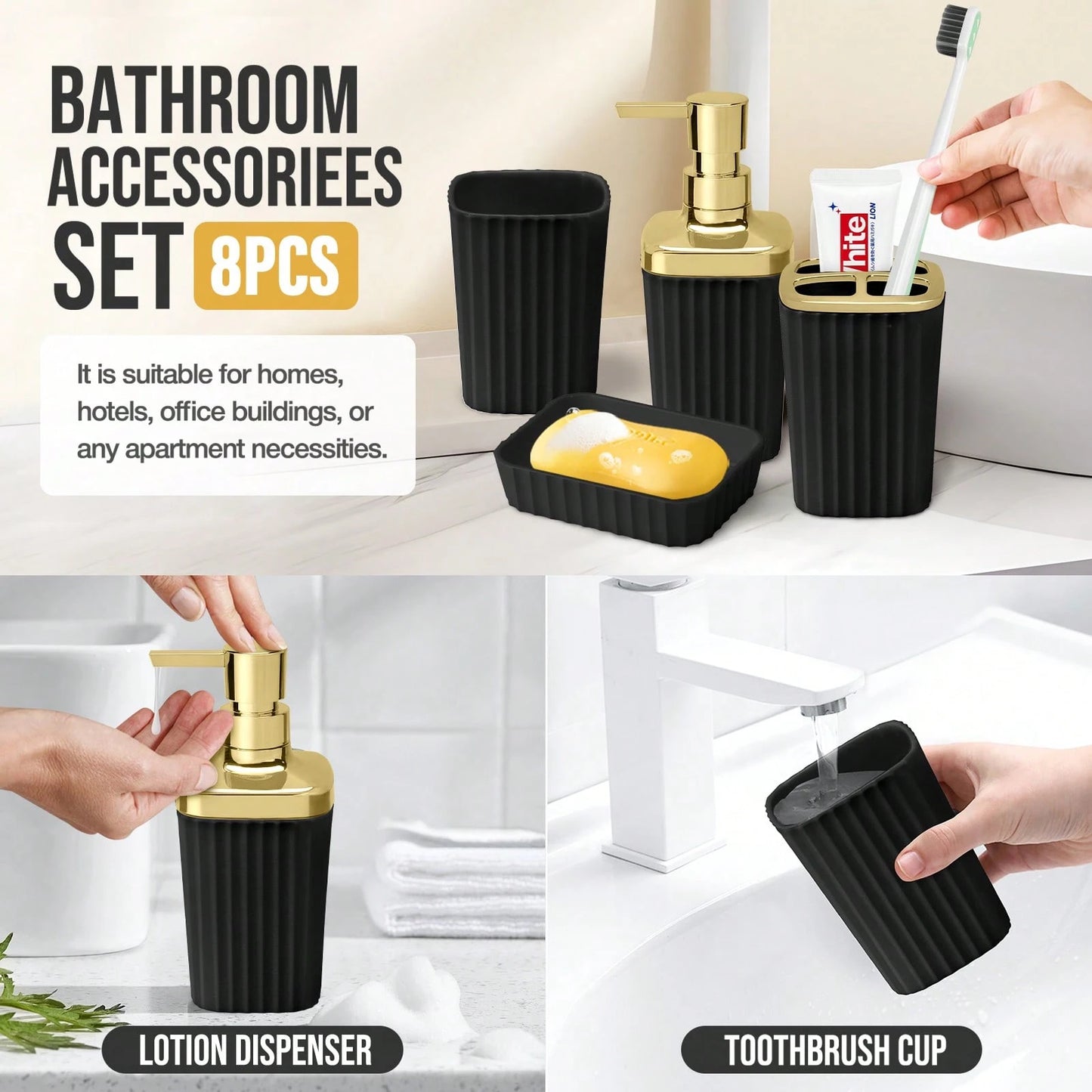 8pcs Bathroom Sets With Shower Curtain-Shower Curtain,Bathroom Trash Can,Toilet Brush,Soap Dispenser,Toothbrush Holder,Mouthwash Cup,Soap Dish,Hooks-Easy To Clean, Space Saving, High-Quality-Ideal G