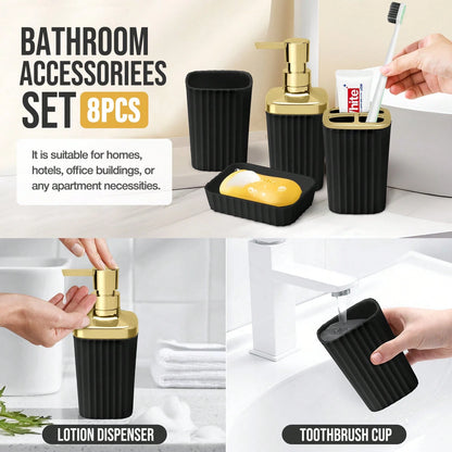 8pcs Bathroom Sets With Shower Curtain-Shower Curtain,Bathroom Trash Can,Toilet Brush,Soap Dispenser,Toothbrush Holder,Mouthwash Cup,Soap Dish,Hooks-Easy To Clean, Space Saving, High-Quality-Ideal G