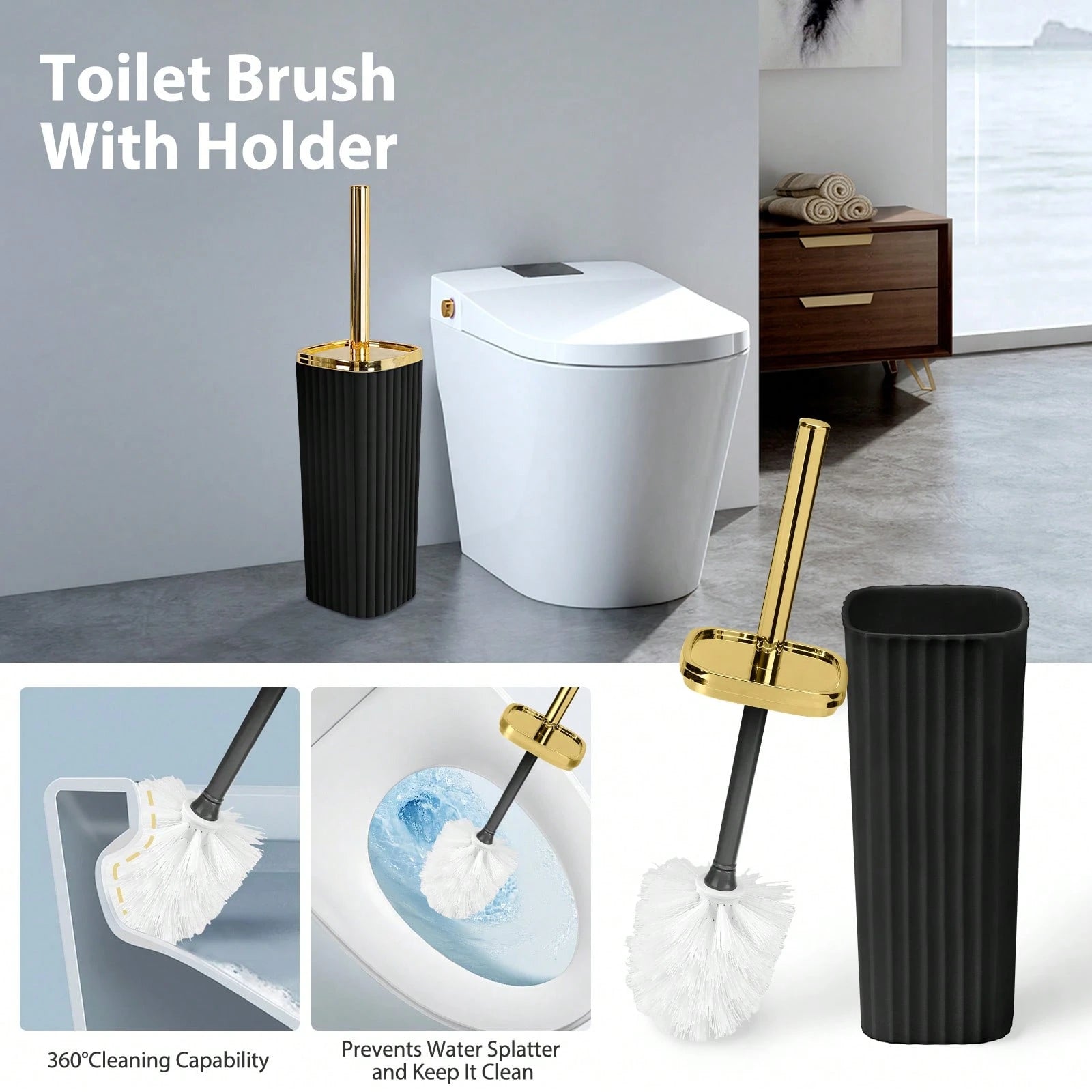8pcs Bathroom Sets With Shower Curtain-Shower Curtain,Bathroom Trash Can,Toilet Brush,Soap Dispenser,Toothbrush Holder,Mouthwash Cup,Soap Dish,Hooks-Easy To Clean, Space Saving, High-Quality-Ideal G