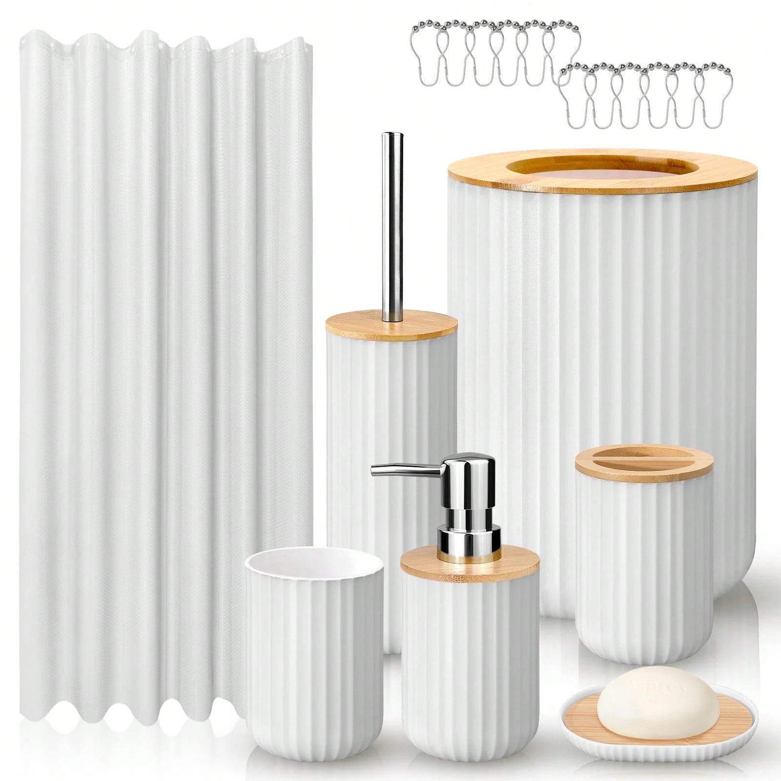 8pcs Bathroom Sets With Shower Curtain-Shower Curtain,Bathroom Trash Can,Toilet Brush,Soap Dispenser,Toothbrush Holder,Mouthwash Cup,Soap Dish,Hooks-Easy To Clean, Space Saving, High-Quality-Ideal G
