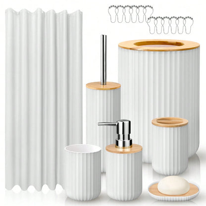 8pcs Bathroom Sets With Shower Curtain-Shower Curtain,Bathroom Trash Can,Toilet Brush,Soap Dispenser,Toothbrush Holder,Mouthwash Cup,Soap Dish,Hooks-Easy To Clean, Space Saving, High-Quality-Ideal G