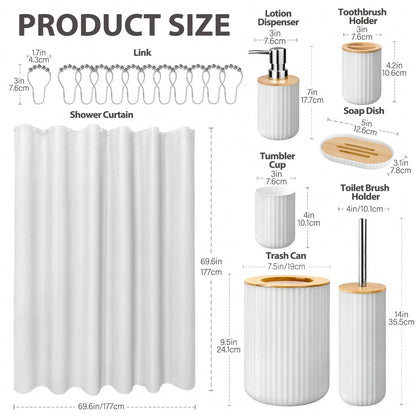 8pcs Bathroom Sets With Shower Curtain-Shower Curtain,Bathroom Trash Can,Toilet Brush,Soap Dispenser,Toothbrush Holder,Mouthwash Cup,Soap Dish,Hooks-Easy To Clean, Space Saving, High-Quality-Ideal G