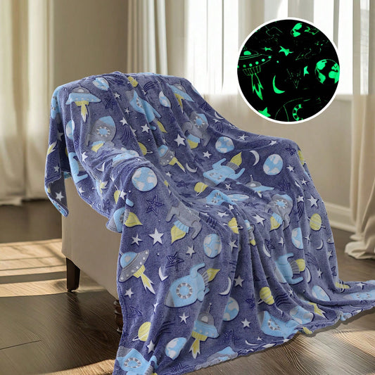 A Flannel Luminous Blanket With Cosmic Elements, A Children's Cover Blanket. It Uses High-Quality Flannel Fabric, Which Is Soft And Skin-Friendly, And Is More Suitable For Children To Use, As If They