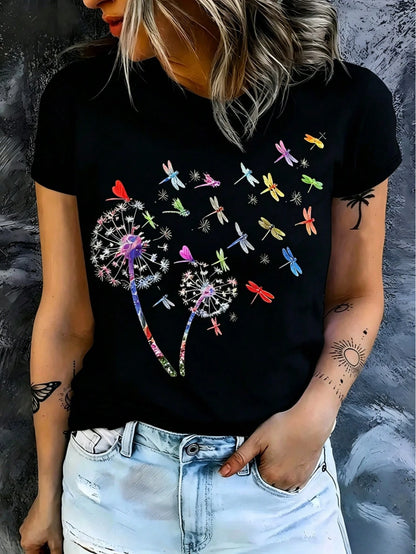 A Stylish Top For Women Featuring A Beautiful Shirt Design With A Colorful Butterfly And Dragonfly Dandelion Pattern, Elegant Women'S Blouse, Round Neck T-Shirt, New Arrivals For Spring