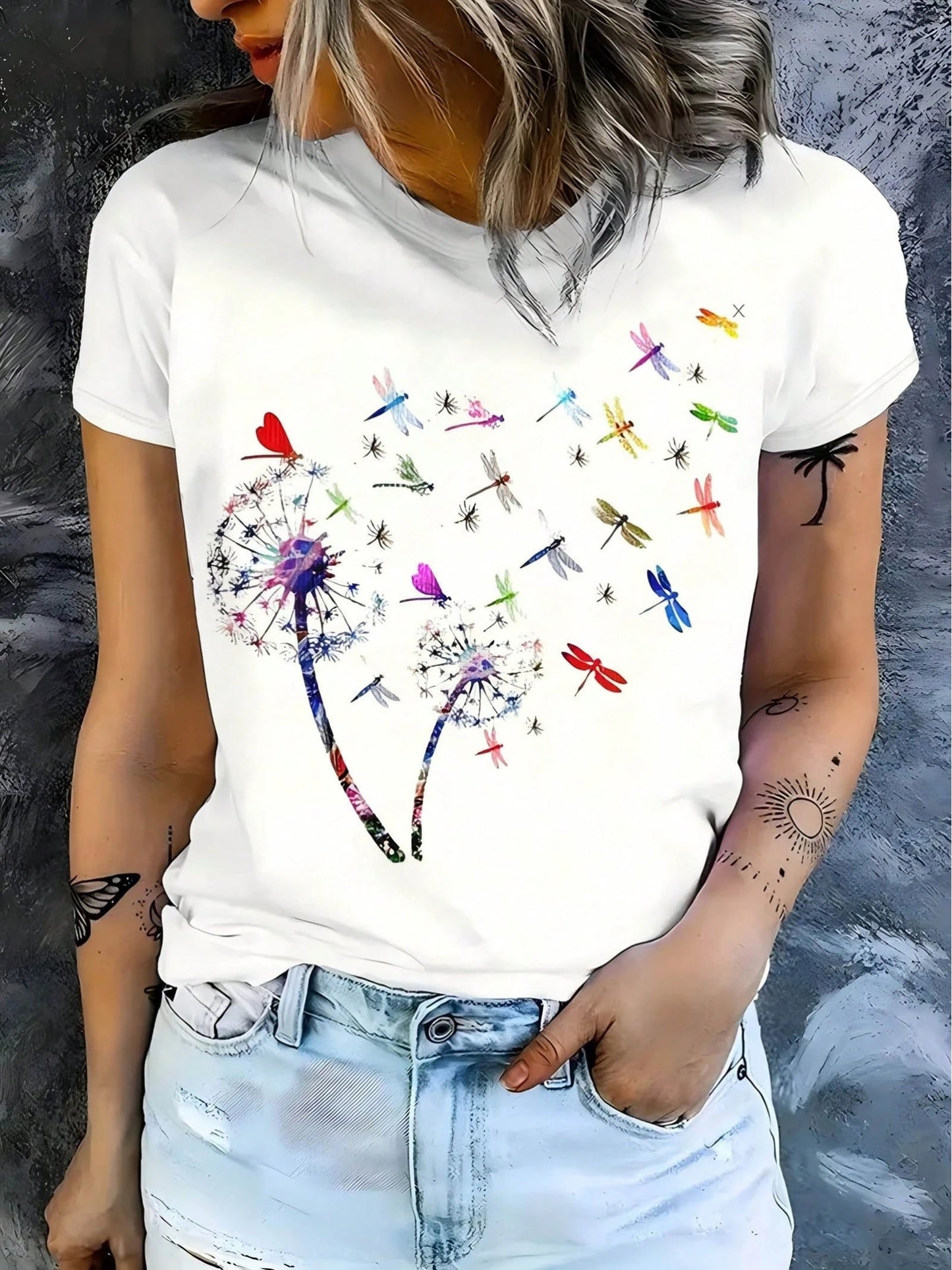 A Stylish Top For Women Featuring A Beautiful Shirt Design With A Colorful Butterfly And Dragonfly Dandelion Pattern, Elegant Women'S Blouse, Round Neck T-Shirt, New Arrivals For Spring