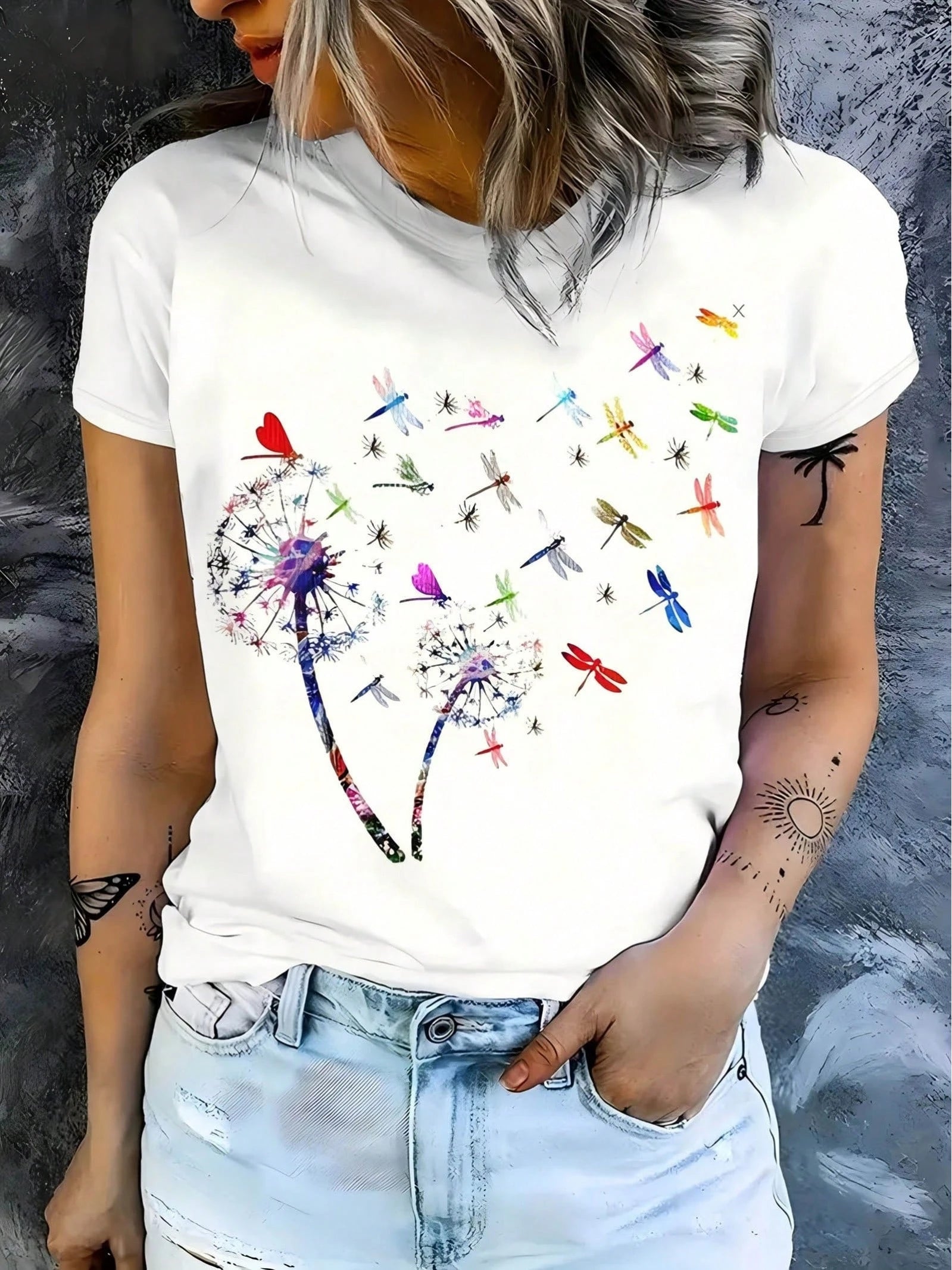 A Stylish Top For Women Featuring A Beautiful Shirt Design With A Colorful Butterfly And Dragonfly Dandelion Pattern, Elegant Women'S Blouse, Round Neck T-Shirt, New Arrivals For Spring