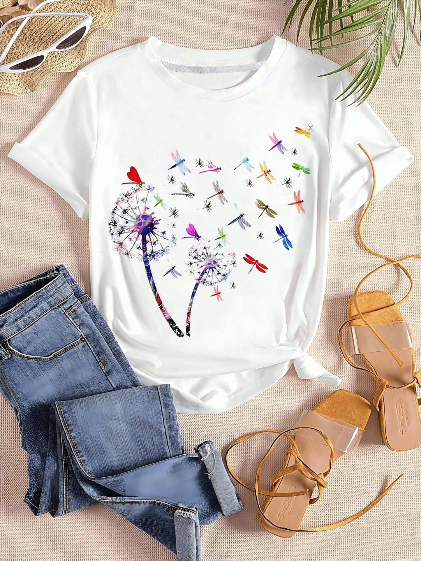 A Stylish Top For Women Featuring A Beautiful Shirt Design With A Colorful Butterfly And Dragonfly Dandelion Pattern, Elegant Women'S Blouse, Round Neck T-Shirt, New Arrivals For Spring