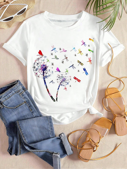 A Stylish Top For Women Featuring A Beautiful Shirt Design With A Colorful Butterfly And Dragonfly Dandelion Pattern, Elegant Women'S Blouse, Round Neck T-Shirt, New Arrivals For Spring