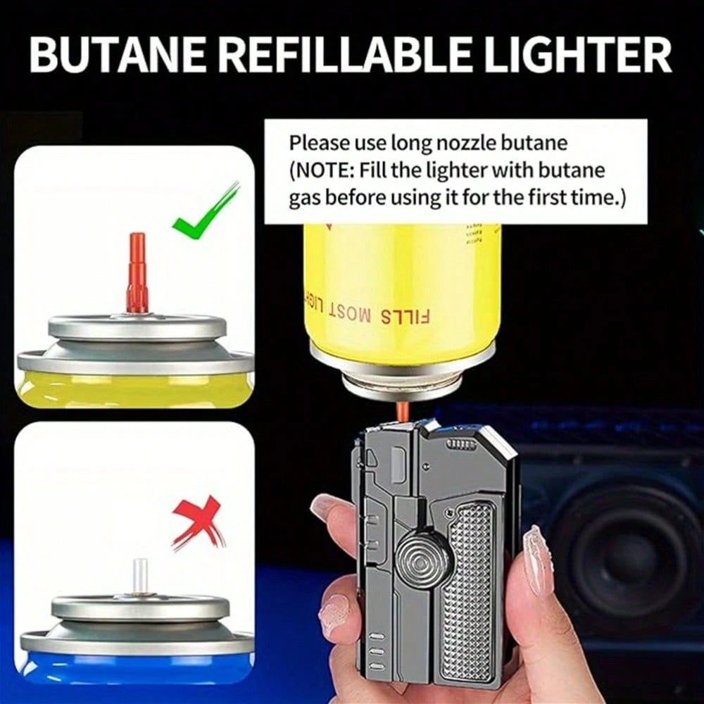 A1pc Heavy-Duty Metal Lighter With Windproof Flame, Foldable & Portable- No Battery Needed, Quadruple Jet Flame, Refillable, For Camping, BBQ, Fireplace, Candle- Ideal Gift For Dad, Outdoor Enthusia