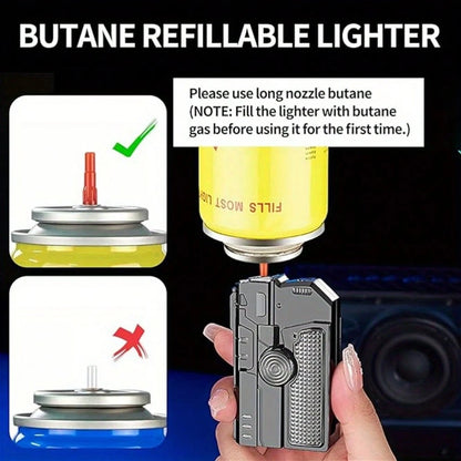 A1pc Heavy-Duty Metal Lighter With Windproof Flame, Foldable & Portable- No Battery Needed, Quadruple Jet Flame, Refillable, For Camping, BBQ, Fireplace, Candle- Ideal Gift For Dad, Outdoor Enthusia