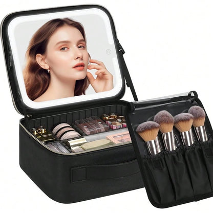 AceGrap Travel Makeup Bag With LED Mirror & Touch Switch, Large Capacity PU Leather EVA Shockproof Cosmetic Organizer, Multi-Compartment Portable Makeup Bag, Cruise Essentials, Travel Essentials For W