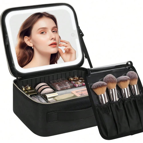AceGrap Travel Makeup Bag With LED Mirror & Touch Switch, Large Capacity PU Leather EVA Shockproof Cosmetic Organizer, Multi-Compartment Portable Makeup Bag, Cruise Essentials, Travel Essentials For W