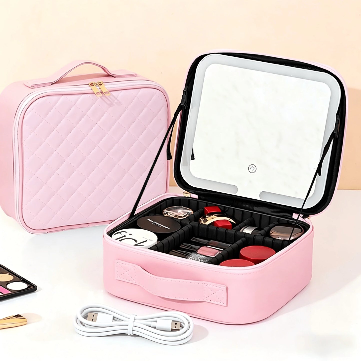 AceGrap Travel Makeup Bag With LED Mirror & Touch Switch, Large Capacity PU Leather EVA Shockproof Cosmetic Organizer, Multi-Compartment Portable Makeup Bag, Cruise Essentials, Travel Essentials For W