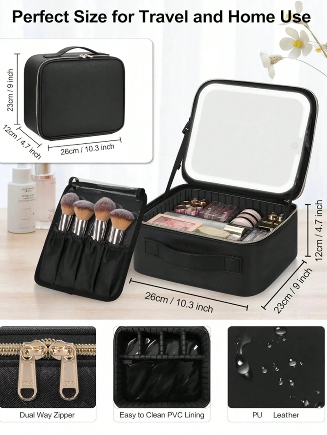 AceGrap Travel Makeup Bag With LED Mirror & Touch Switch, Large Capacity PU Leather EVA Shockproof Cosmetic Organizer, Multi-Compartment Portable Makeup Bag, Cruise Essentials, Travel Essentials For W