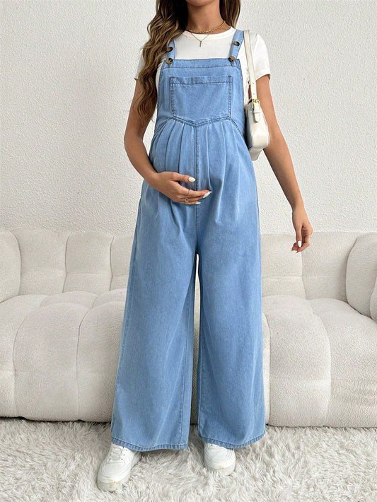 Adjustable Strap Loose Fit Long Wide Leg Maternity Denim Overalls, Blue