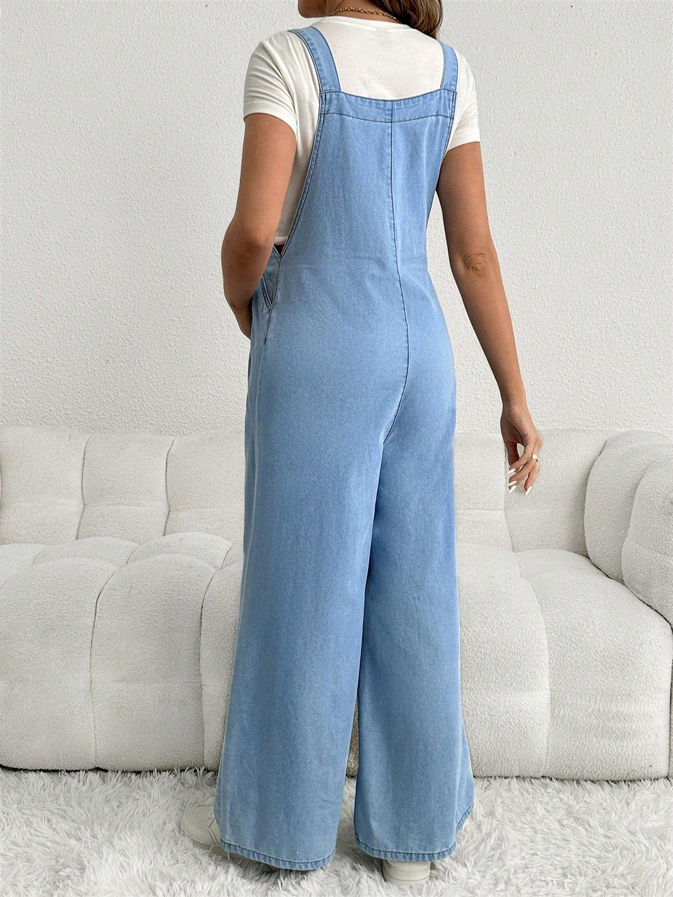 Adjustable Strap Loose Fit Long Wide Leg Maternity Denim Overalls, Blue