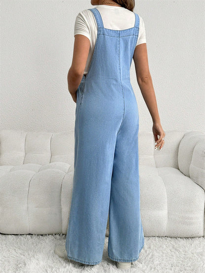 Adjustable Strap Loose Fit Long Wide Leg Maternity Denim Overalls, Blue