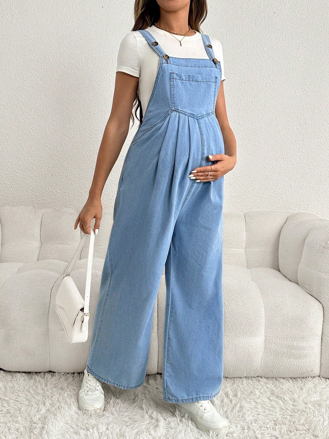 Adjustable Strap Loose Fit Long Wide Leg Maternity Denim Overalls, Blue
