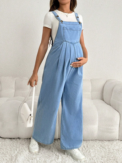 Adjustable Strap Loose Fit Long Wide Leg Maternity Denim Overalls, Blue