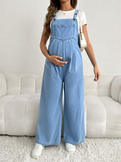 Adjustable Strap Loose Fit Long Wide Leg Maternity Denim Overalls, Blue