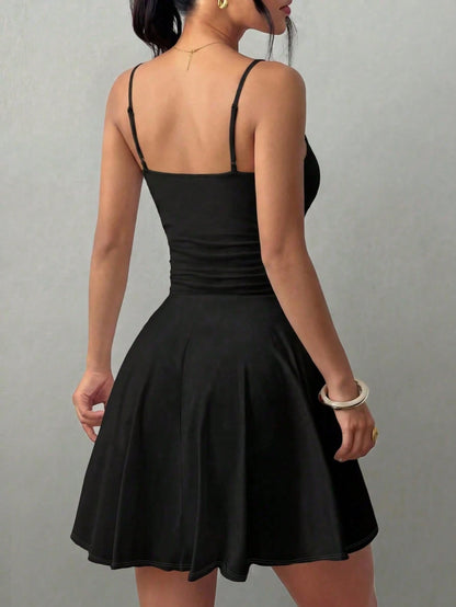 Adjustable Strap Waist Ruffle Hem A-Line Mini Dress, Sexy & Fashionable Versatile Daily Wear, Spring/Summer New Arrival Black Elegant, Date Night
