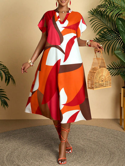 AIJ Amarilo Colorblock V-Neck Short Sleeve Belted Midi Dress, Women's Casual Summer Style With Ruffle Hem Vacation Elegant