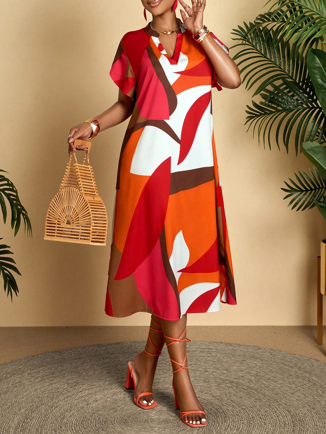 AIJ Amarilo Colorblock V-Neck Short Sleeve Belted Midi Dress, Women's Casual Summer Style With Ruffle Hem Vacation Elegant