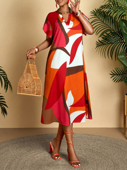 AIJ Amarilo Colorblock V-Neck Short Sleeve Belted Midi Dress, Women's Casual Summer Style With Ruffle Hem Vacation Elegant