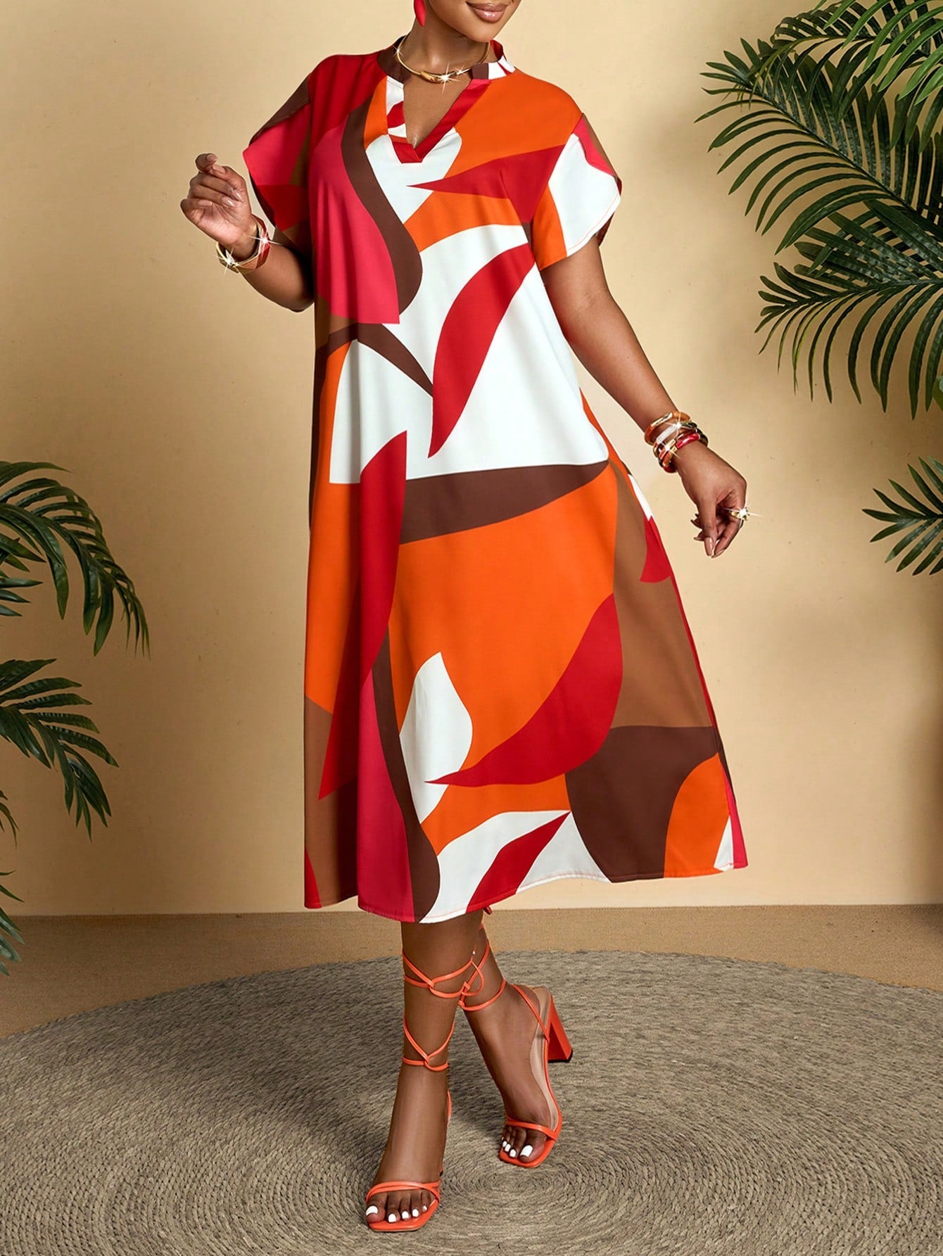 AIJ Amarilo Colorblock V-Neck Short Sleeve Belted Midi Dress, Women's Casual Summer Style With Ruffle Hem Vacation Elegant