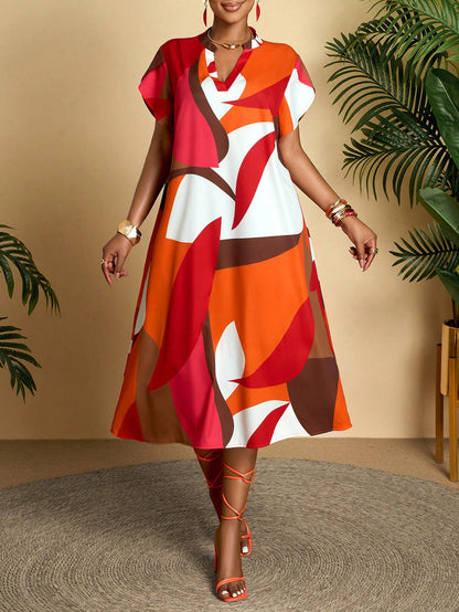 AIJ Amarilo Colorblock V-Neck Short Sleeve Belted Midi Dress, Women's Casual Summer Style With Ruffle Hem Vacation Elegant