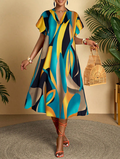 AIJ Amarilo Colorblock V-Neck Short Sleeve Belted Midi Dress, Women's Casual Summer Style With Ruffle Hem Vacation Elegant