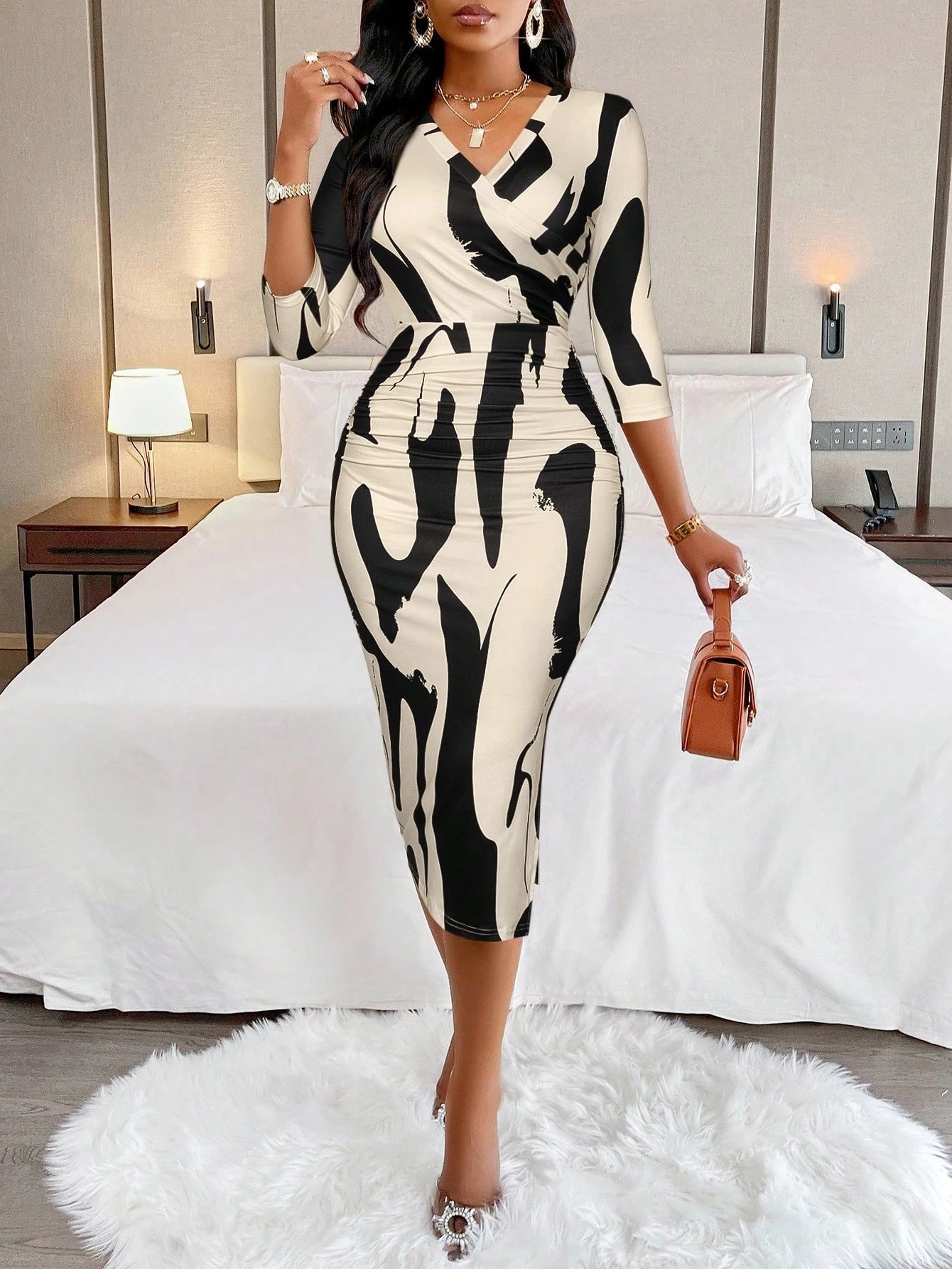 AIJ Amarilo Women's Fashion Wavy Print Wrap V-Neck Ruched Bodycon Midi Dress (Random Print) Elegant Spring