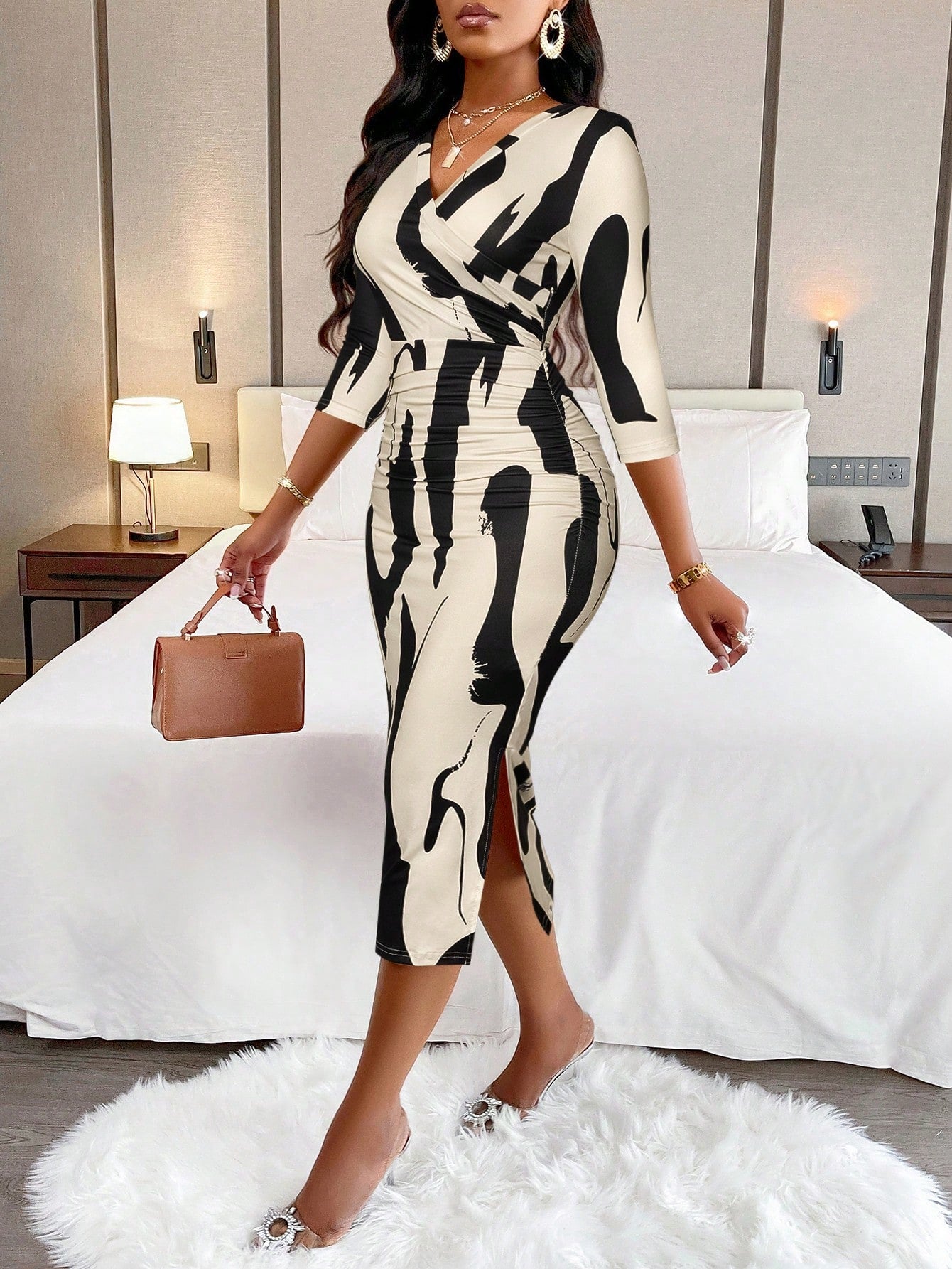AIJ Amarilo Women's Fashion Wavy Print Wrap V-Neck Ruched Bodycon Midi Dress (Random Print) Elegant Spring