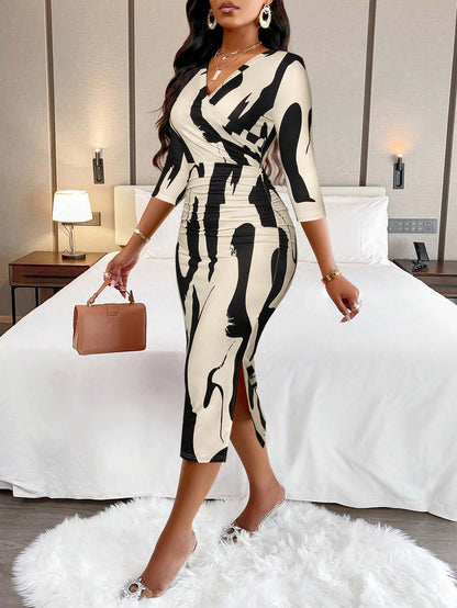 AIJ Amarilo Women's Fashion Wavy Print Wrap V-Neck Ruched Bodycon Midi Dress (Random Print) Elegant Spring