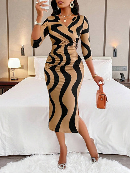 AIJ Amarilo Women's Fashion Wavy Print Wrap V-Neck Ruched Bodycon Midi Dress (Random Print) Elegant Spring