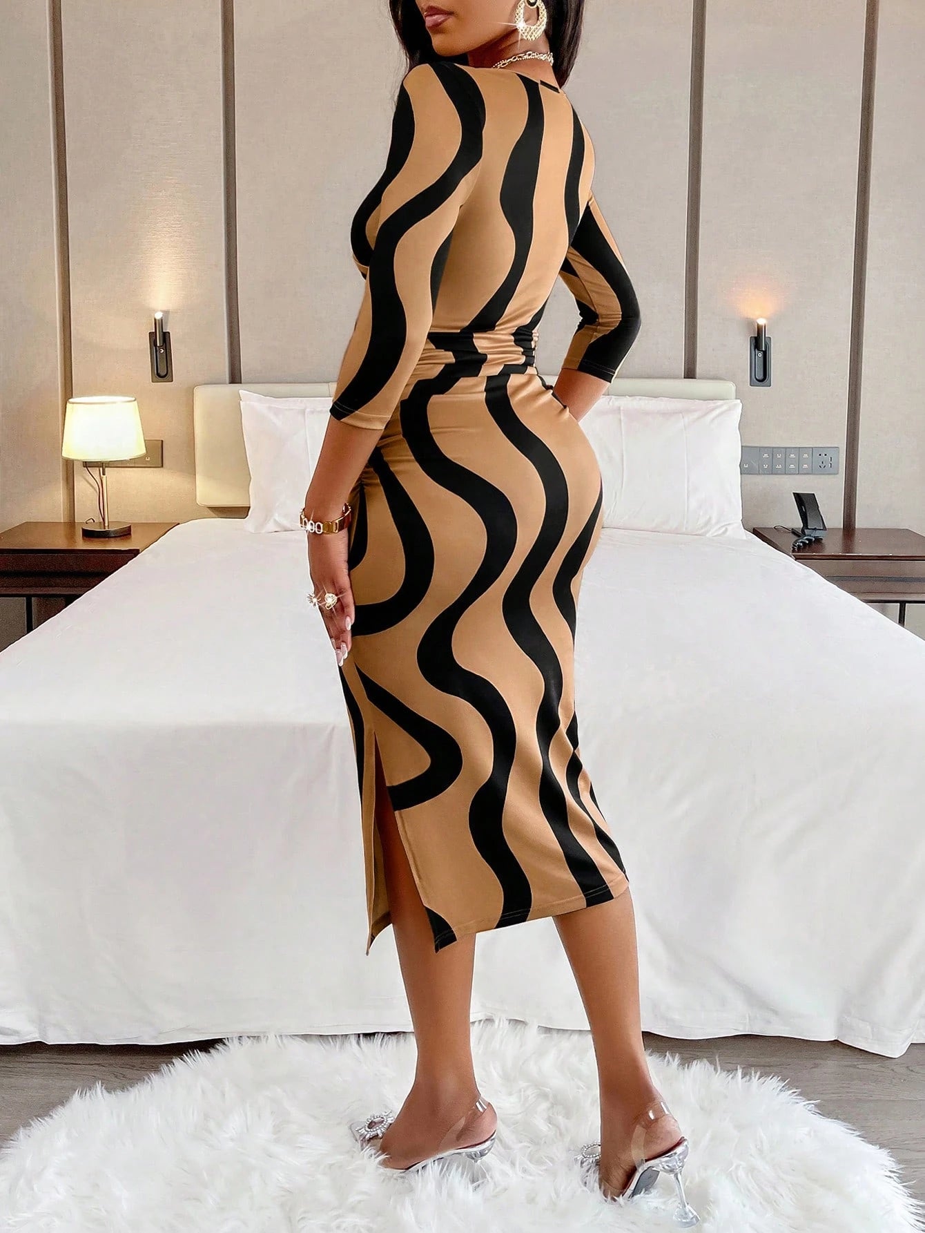 AIJ Amarilo Women's Fashion Wavy Print Wrap V-Neck Ruched Bodycon Midi Dress (Random Print) Elegant Spring
