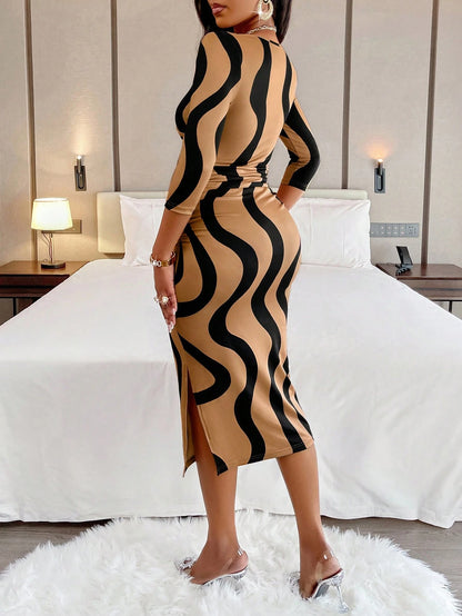 AIJ Amarilo Women's Fashion Wavy Print Wrap V-Neck Ruched Bodycon Midi Dress (Random Print) Elegant Spring