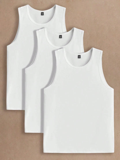 AKNOTIC Men's 3 Pack Solid Color Round Neck Tank Top, Casual Loose Fit Sleeveless Top, Summer Beach Gym Workout Undershirt Set, Comfortable Muscle, Football