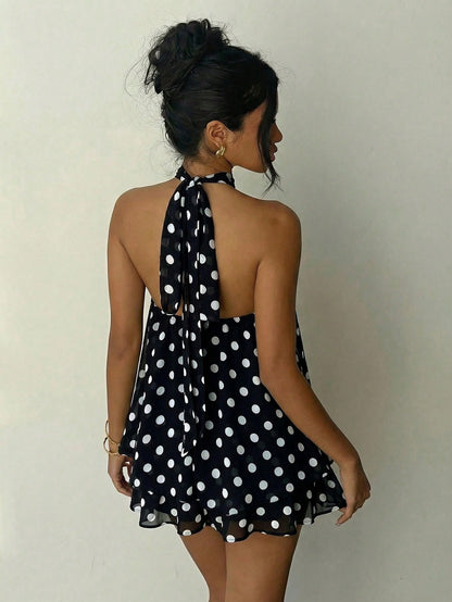 Aloruh Elegant Sexy Black And White Polka Dot Summer 70s Retro Tea Party Bar Party Night Out Mini Dress,Backless Tie-Front Chiffon Wedding Guest Honeymoon