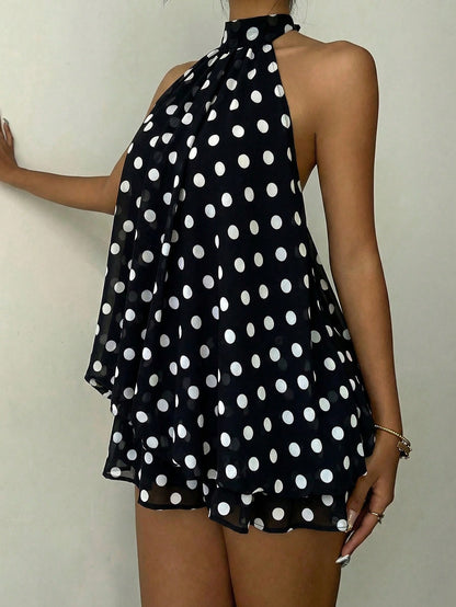 Aloruh Elegant Sexy Black And White Polka Dot Summer 70s Retro Tea Party Bar Party Night Out Mini Dress,Backless Tie-Front Chiffon Wedding Guest Honeymoon