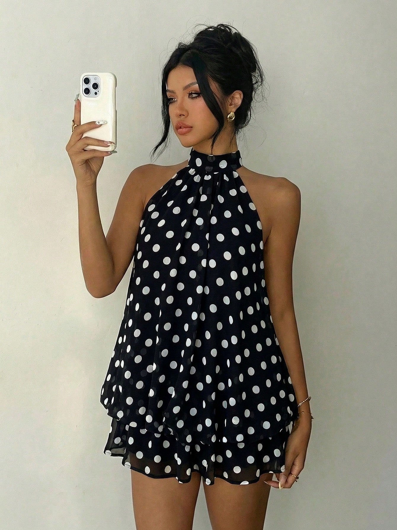 Aloruh Elegant Sexy Black And White Polka Dot Summer 70s Retro Tea Party Bar Party Night Out Mini Dress,Backless Tie-Front Chiffon Wedding Guest Honeymoon