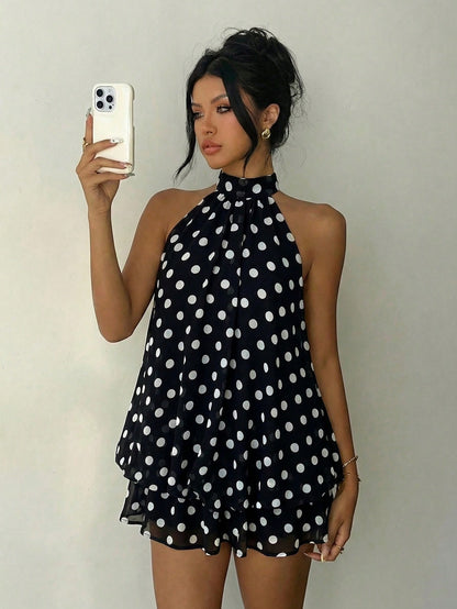 Aloruh Elegant Sexy Black And White Polka Dot Summer 70s Retro Tea Party Bar Party Night Out Mini Dress,Backless Tie-Front Chiffon Wedding Guest Honeymoon