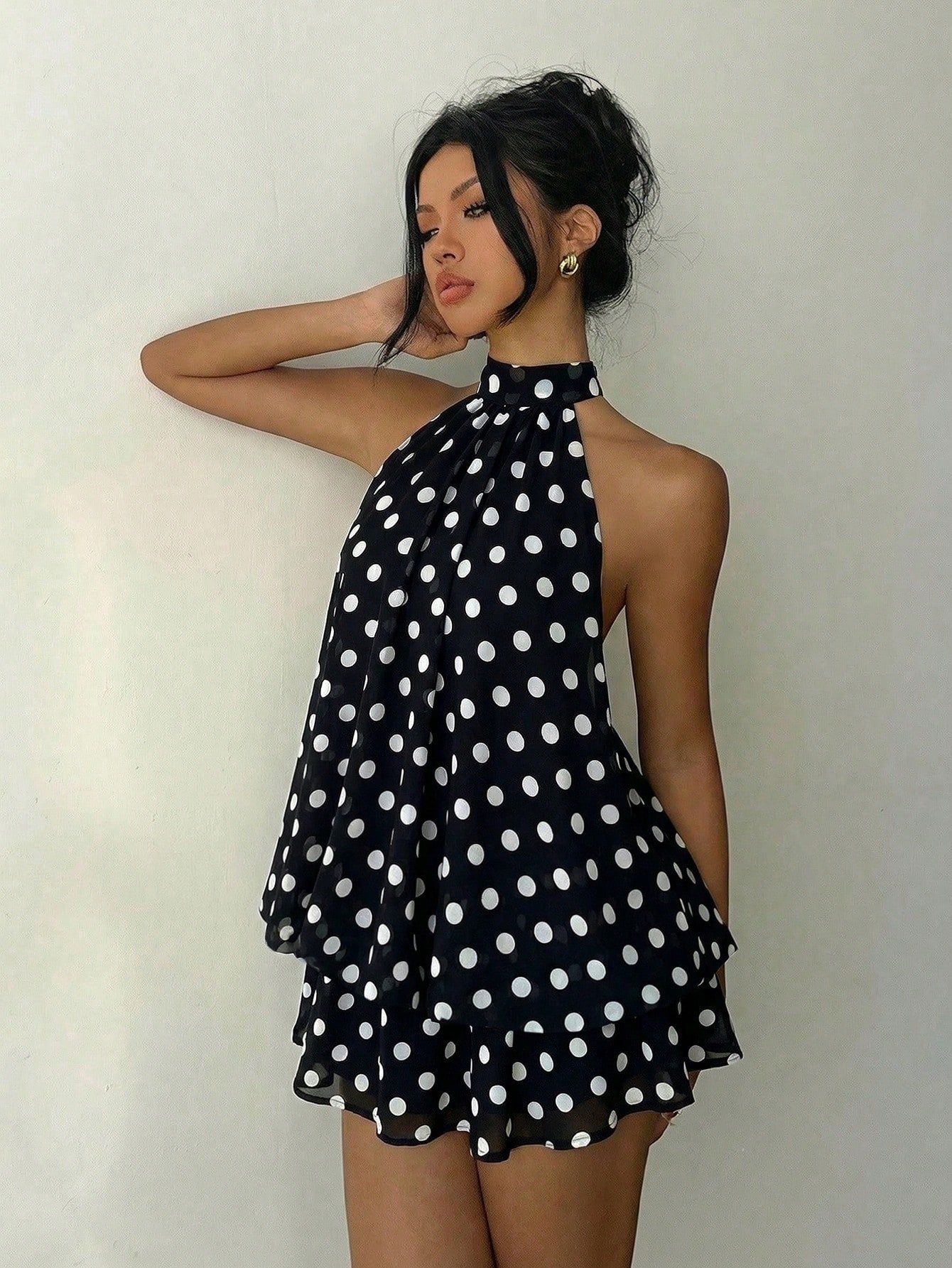 Aloruh Elegant Sexy Black And White Polka Dot Summer 70s Retro Tea Party Bar Party Night Out Mini Dress,Backless Tie-Front Chiffon Wedding Guest Honeymoon