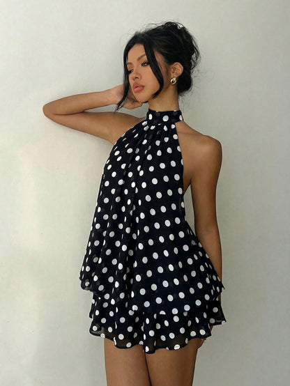 Aloruh Elegant Sexy Black And White Polka Dot Summer 70s Retro Tea Party Bar Party Night Out Mini Dress,Backless Tie-Front Chiffon Wedding Guest Honeymoon
