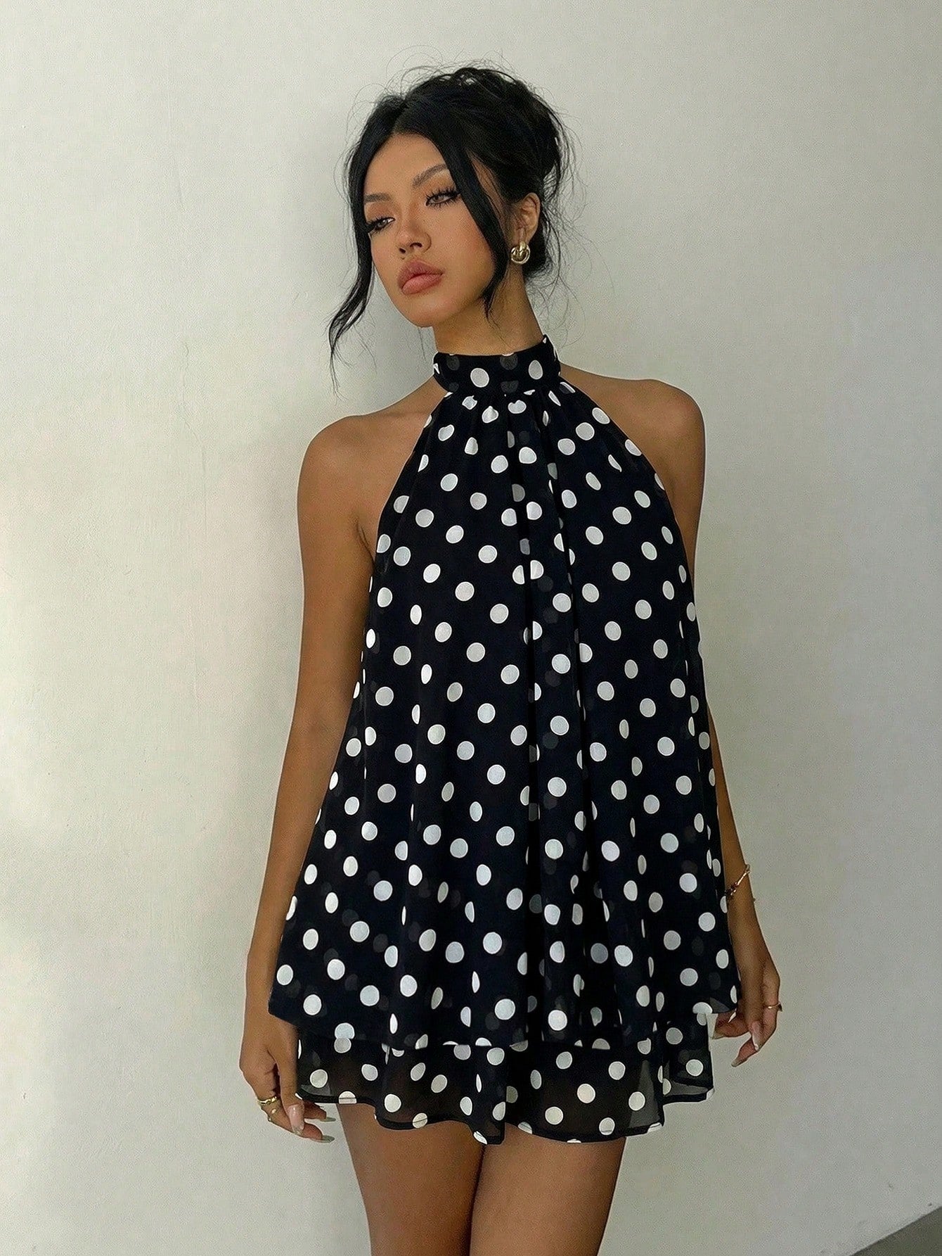 Aloruh Elegant Sexy Black And White Polka Dot Summer 70s Retro Tea Party Bar Party Night Out Mini Dress,Backless Tie-Front Chiffon Wedding Guest Honeymoon
