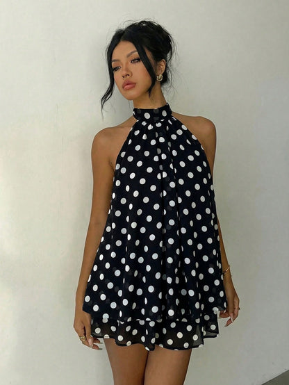 Aloruh Elegant Sexy Black And White Polka Dot Summer 70s Retro Tea Party Bar Party Night Out Mini Dress,Backless Tie-Front Chiffon Wedding Guest Honeymoon
