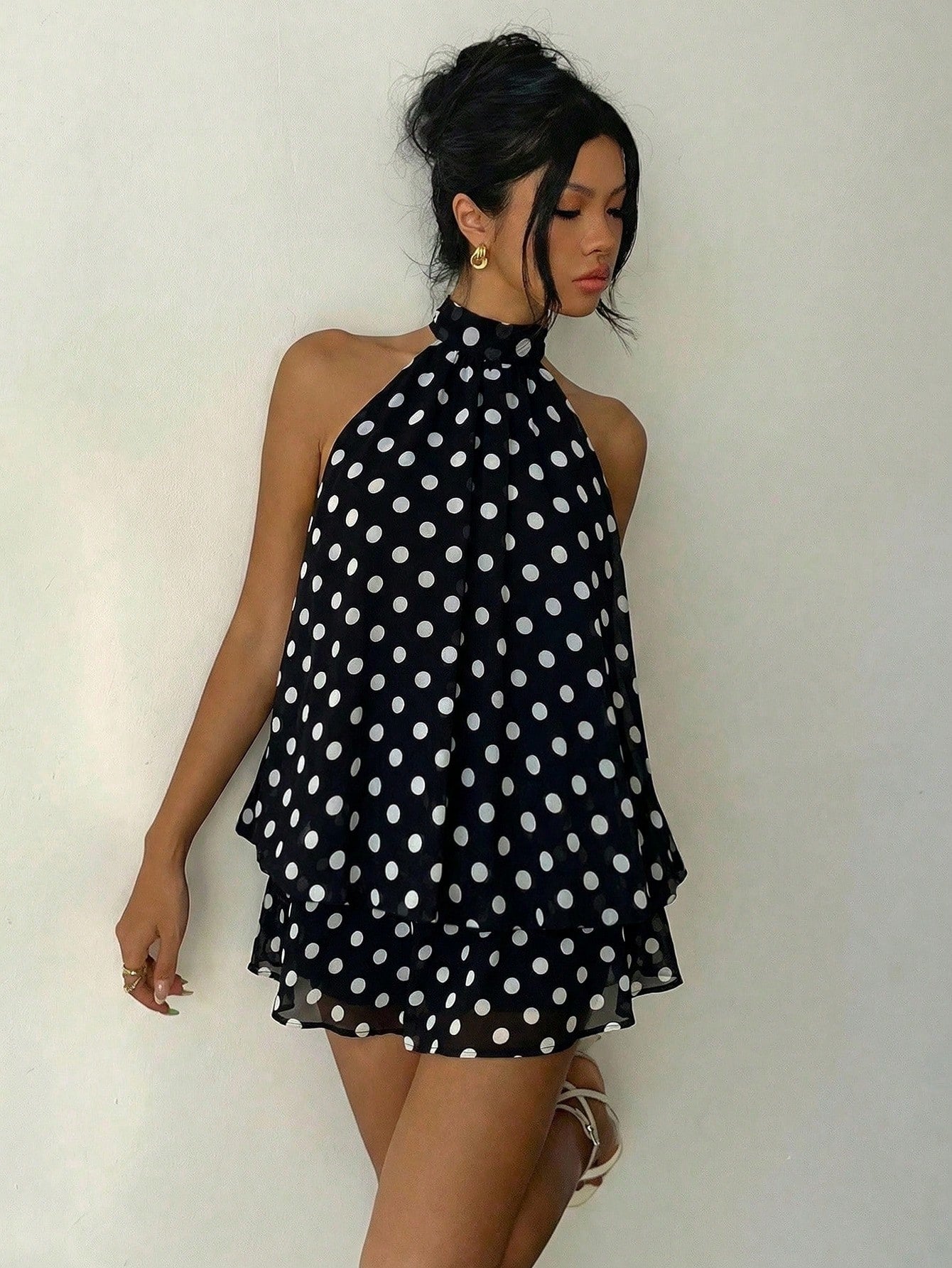 Aloruh Elegant Sexy Black And White Polka Dot Summer 70s Retro Tea Party Bar Party Night Out Mini Dress,Backless Tie-Front Chiffon Wedding Guest Honeymoon