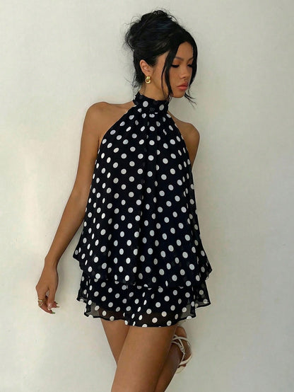 Aloruh Elegant Sexy Black And White Polka Dot Summer 70s Retro Tea Party Bar Party Night Out Mini Dress,Backless Tie-Front Chiffon Wedding Guest Honeymoon