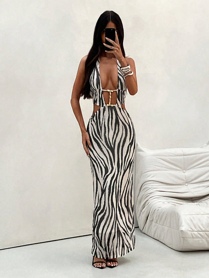 Aloruh Women's Bohemia Tropical Elegant Hollow Out Beaded Decor Zebra Print Bodycon Beach Vacation Maxi Dress,Summer Dresses,Festival Outfits,White And Black