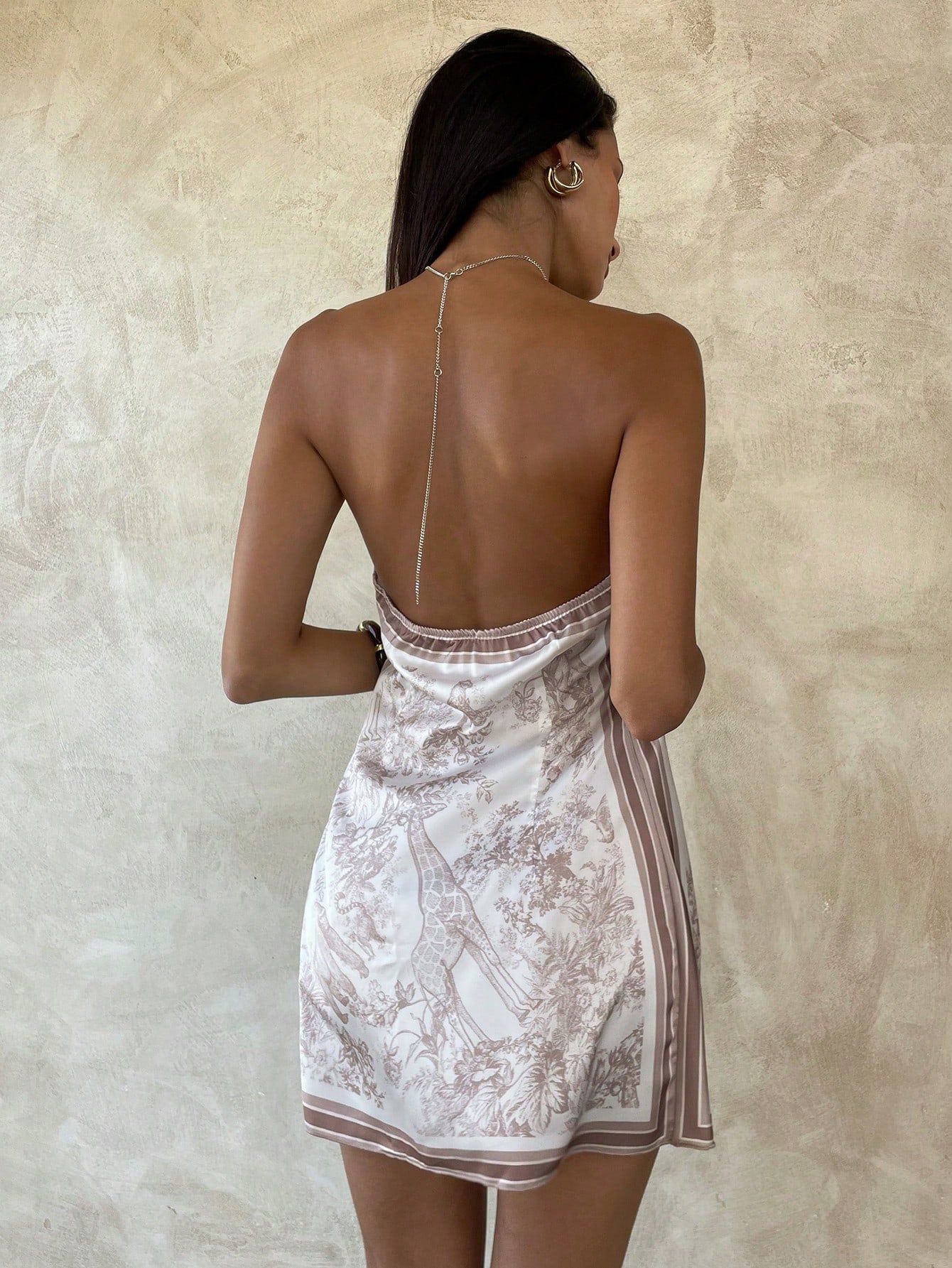 Aloruh Women's Elegant Jacquard Print Metal Chain Neck Mini Dress,Summer Dresses For Women,Festival Outfits Women,Beach Dress,Vacation Latest Dress,Halter